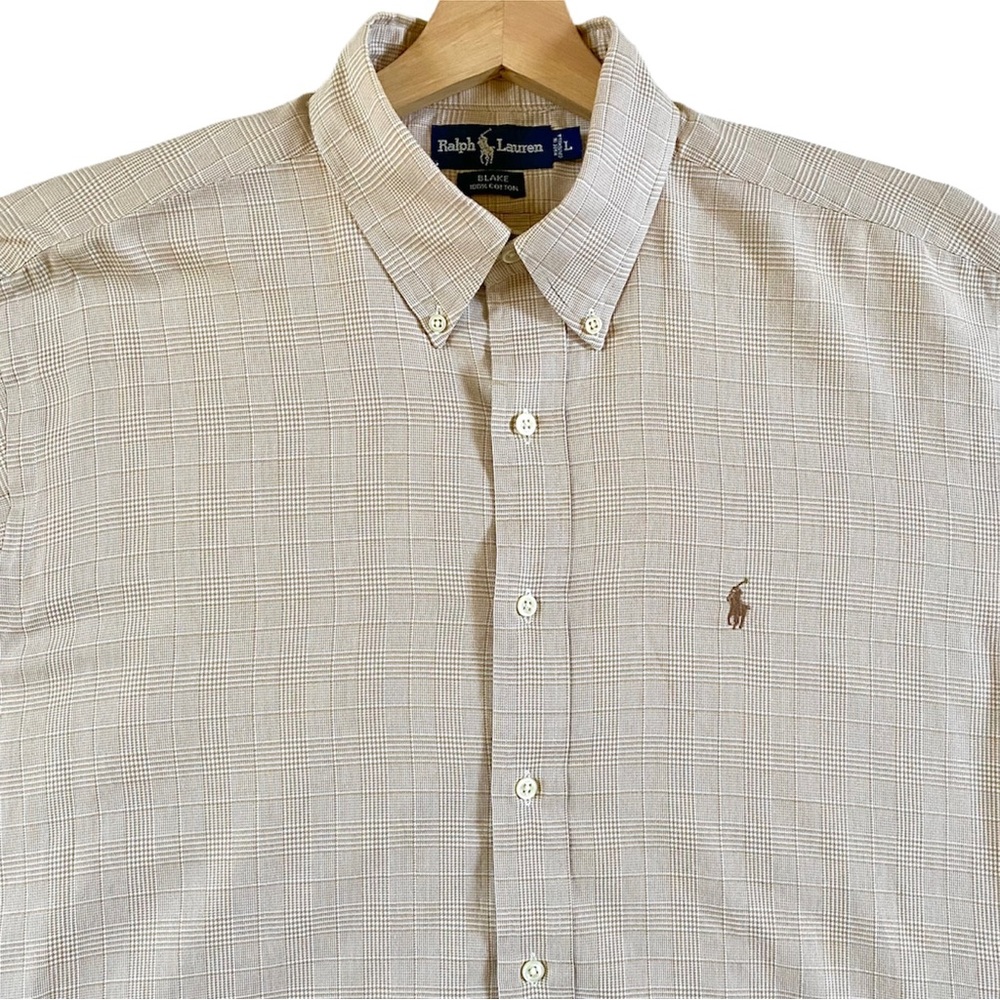 RALPH LAUREN Men’s Blake 100% Cotton Shirt, Glen Plaid Pattern, Tan, Size Large